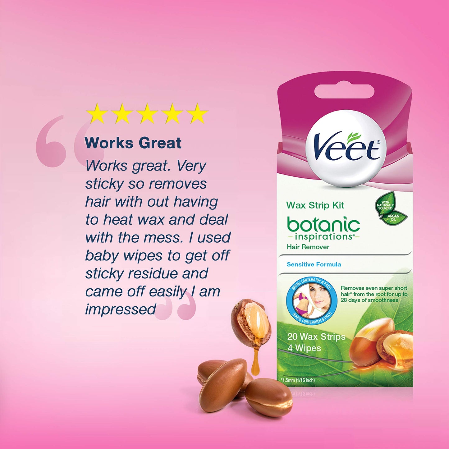 VEET Wax Strips Hair Removal Kit for Face, Underarms, Bikini, Dermatologically Tested, 20ct Wax Strips, 2 Sizes with Shea Butter & 4ct Wipes for At Home Waxing