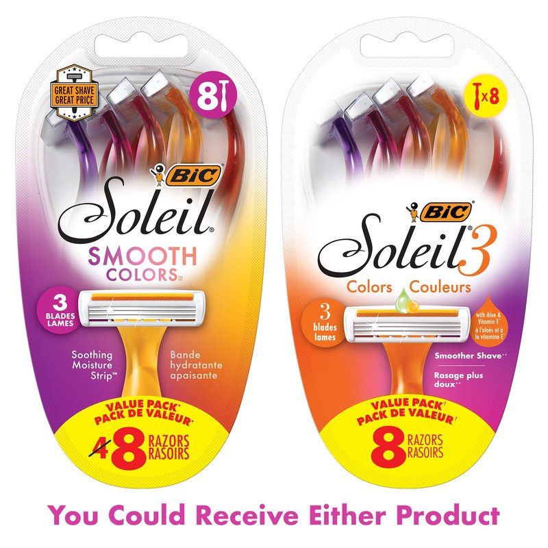 BIC Soleil 3 Colors Women's Disposable 3-Blade Razors, Aloe Vera and Vitamin E Lubricating Strip for Smooth Shaves, 8-Pack