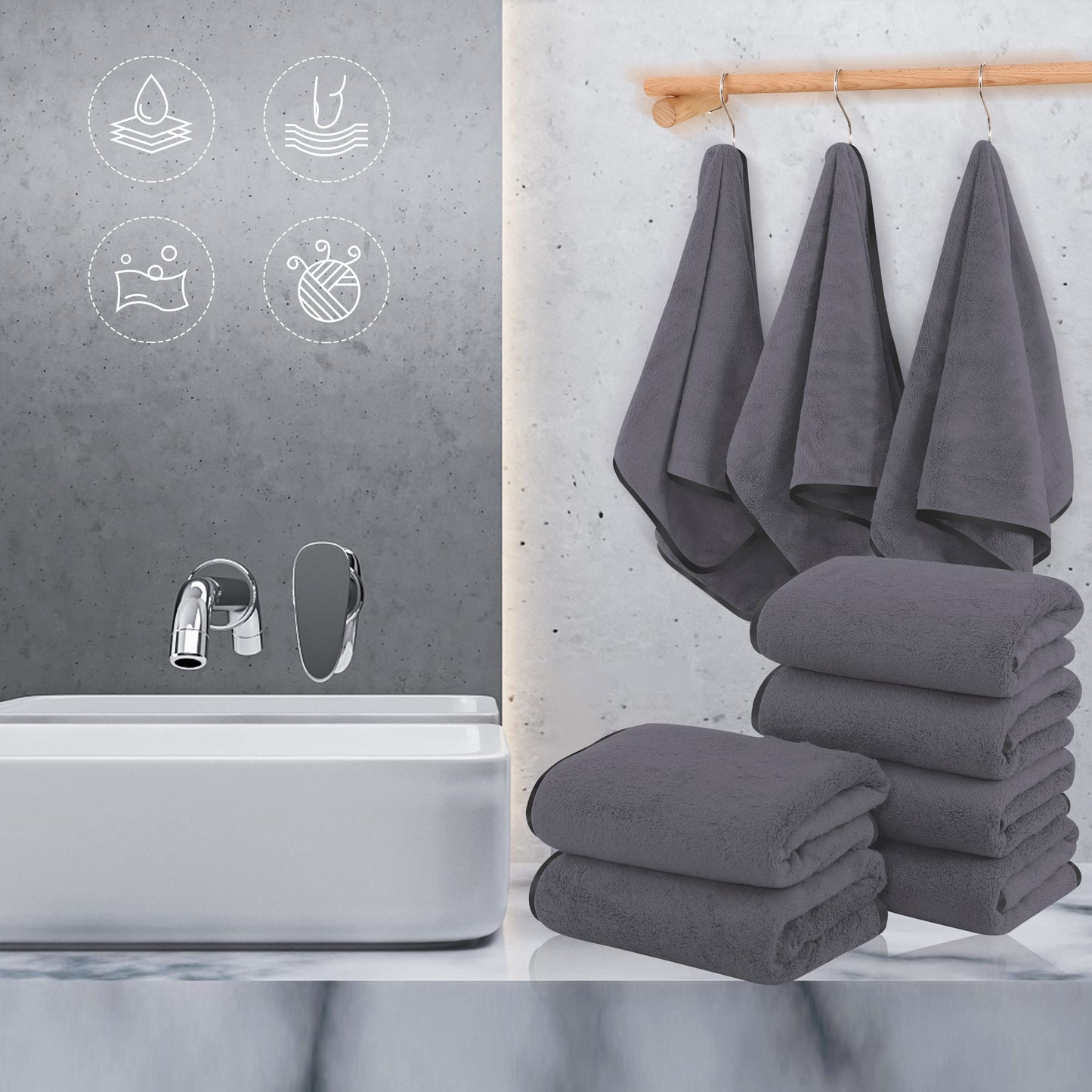 TENSTARS Silk Hemming Hand Towels for Bathroom - Quick Drying - Ultra Soft Microfiber Absorbent Towel for Bath Fitness, Gym, Shower, Hotel, and Spa - 16x28 Inch | Set of 6, Dark Grey