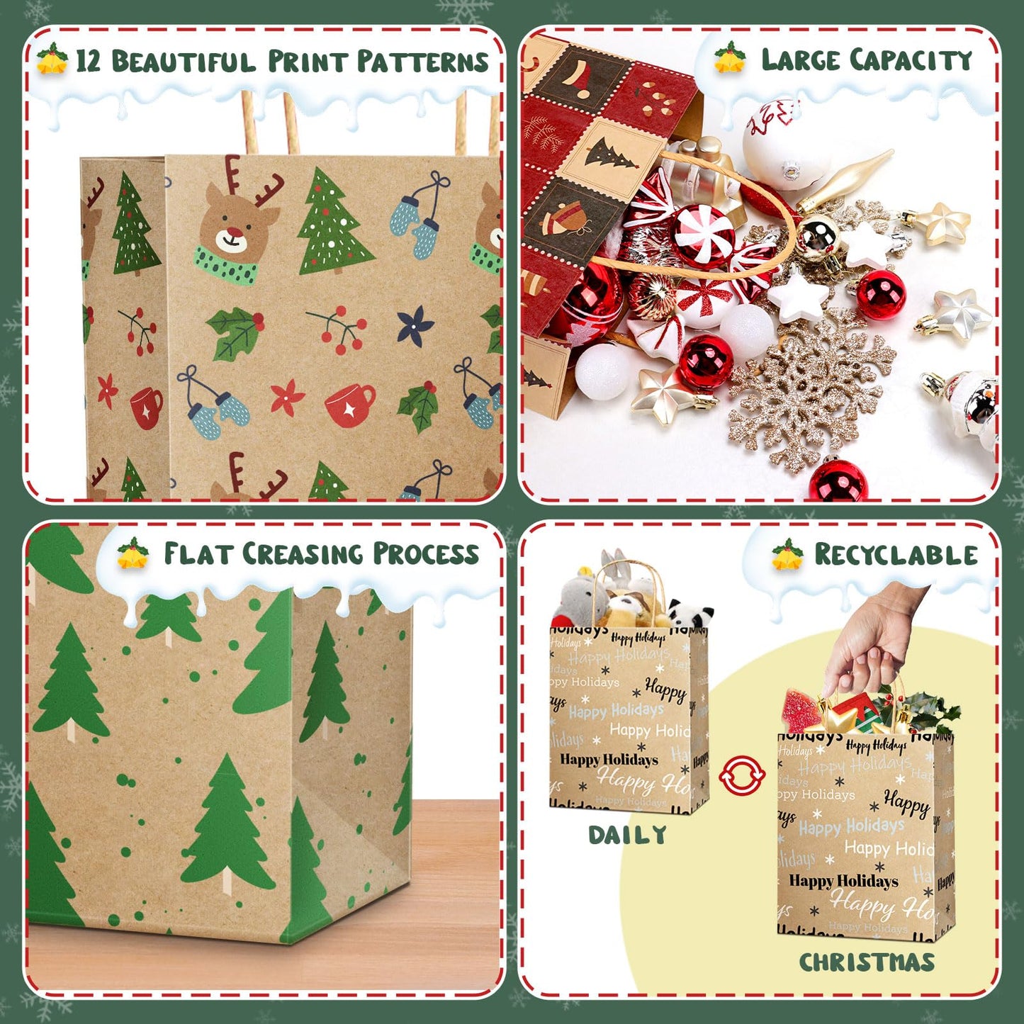 DeckTheHalls 24 Pack Christmas Gift Bags with 12 Stylish Prints, Christmas Tote Bags with Sturdy Handle, Reusable Xmas Kraft Gift Bags for Holiday Gifts, Party Favors, Ideal for Wrapping Gifts