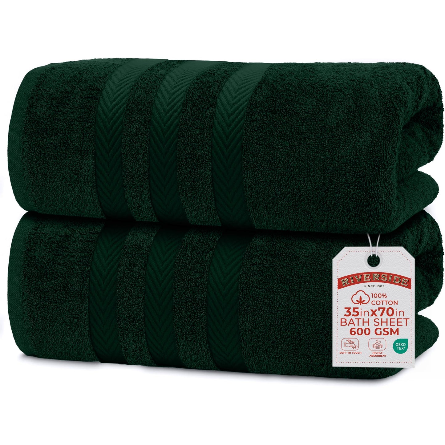 RIVERSIDE Pack of 2 Extra Large Bath Sheets 35 x 70 Inches, 100% Ring Spun Cotton, Hotel Quality, Oversized Bath Towels for Adults, Soft, Highly Absorbent & Quicker to Dry, Hunter Green