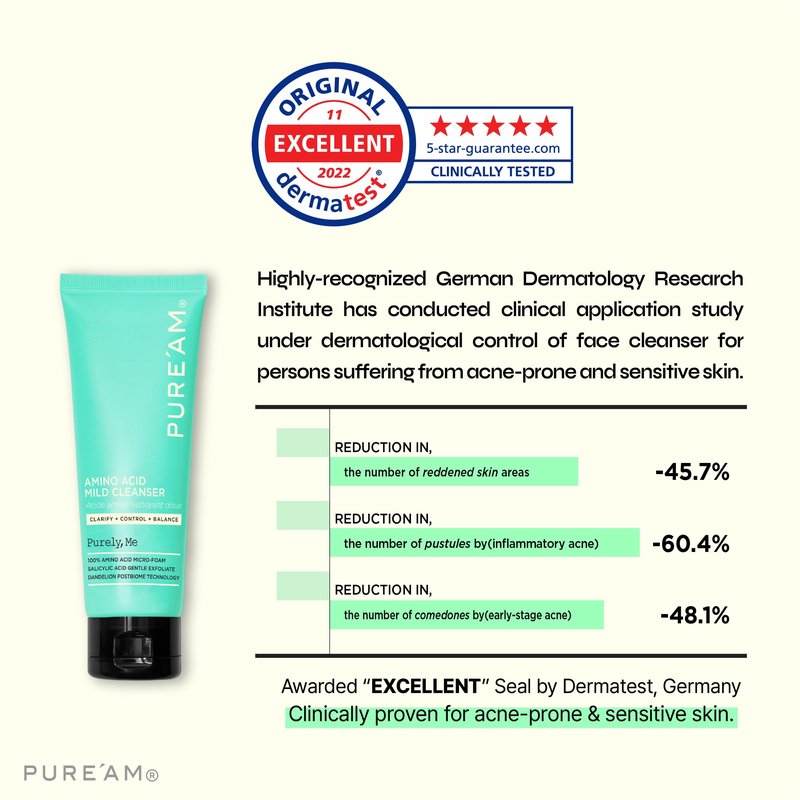 PURE'AM - Gentle Face Wash with Amino Acids, Salicylic Acid - 4.05 Fl.oz, 120ml - Korean Face Cleanser - Clarifying, Foaming, Deep Pore Cleaning, pH Balancing, Oil Control - Authentic Korean Skin Care