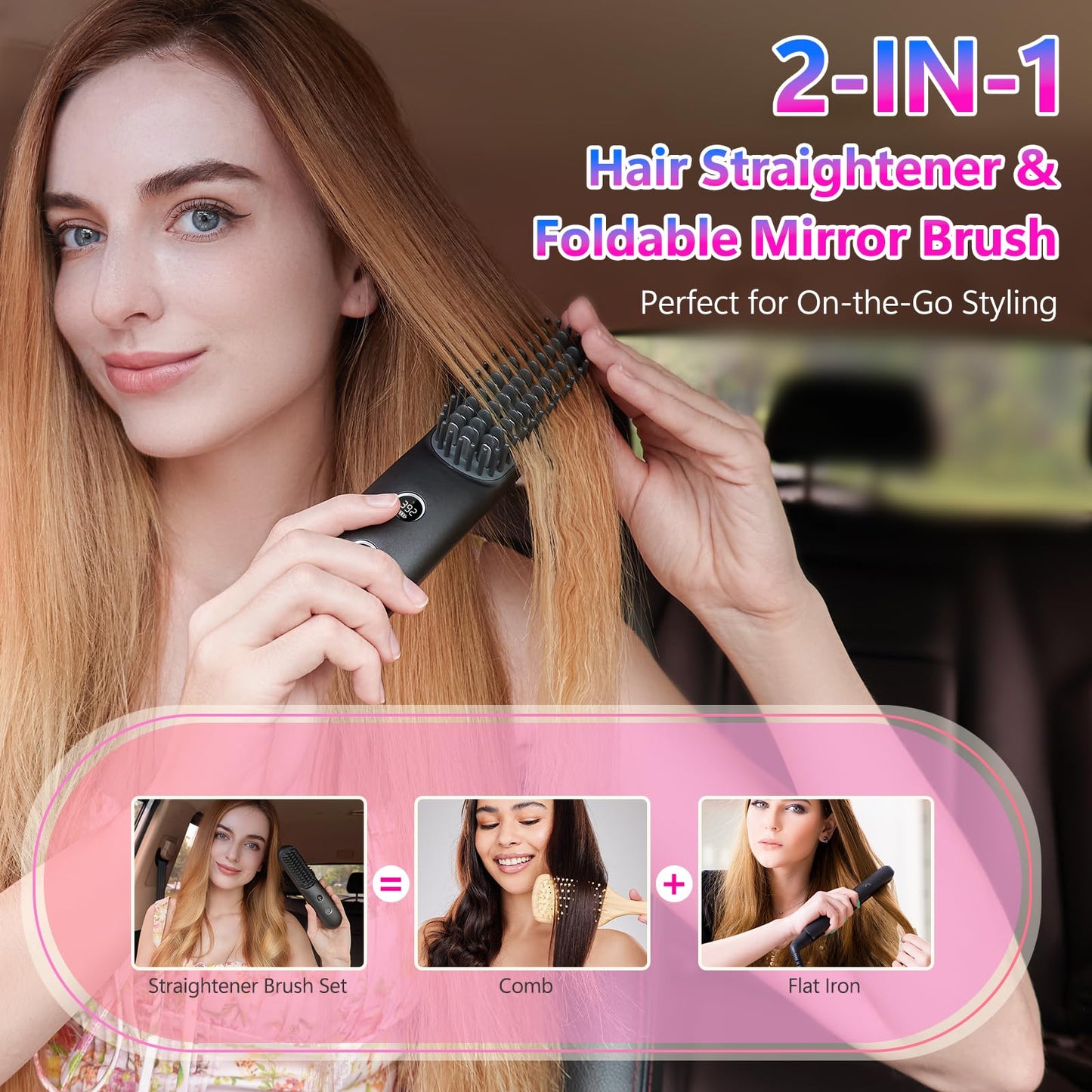 STUDLLY LCD Screen Cordless Hair Straightener and Curler 2 in 1, Rechargeable Portable Mini Travel Negative Ionic Hair Straightening Brush for Women, Fast Heating Hot Comb for Women, Black