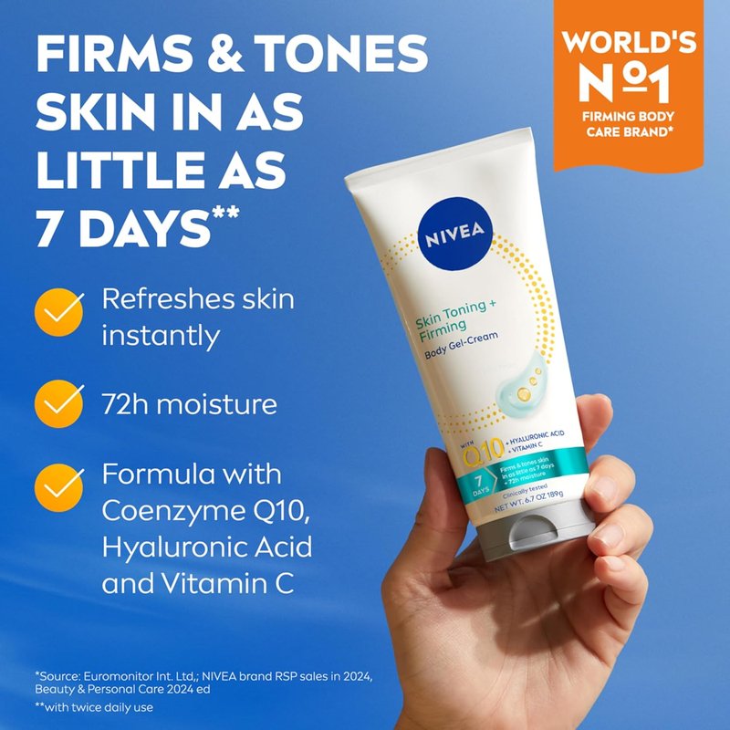 NIVEA Skin Firming & Toning Body Gel Cream - Q10, Hyaluronic Acid, Vitamin C | 6.7 Oz Tube