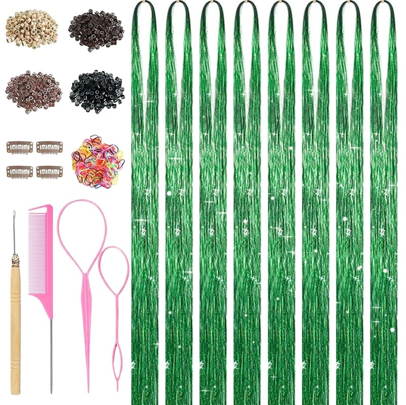Green Hair Tinsel - 8 Pcs Glitter Hair Extension Kit for Festivals | 48 Inch, 3200 Strands