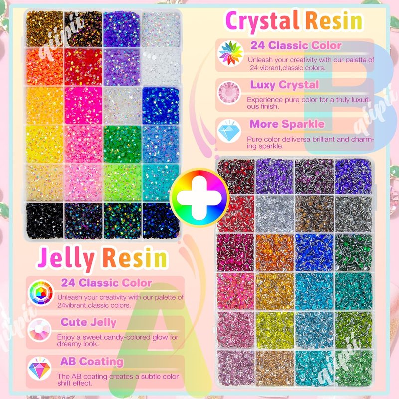 48 Color 4mm SS16 Jelly AB & Crystal Resin Rhinestones - Flatback Gems for Nail Art, Makeup, DIY Crafts, and Bedazzling