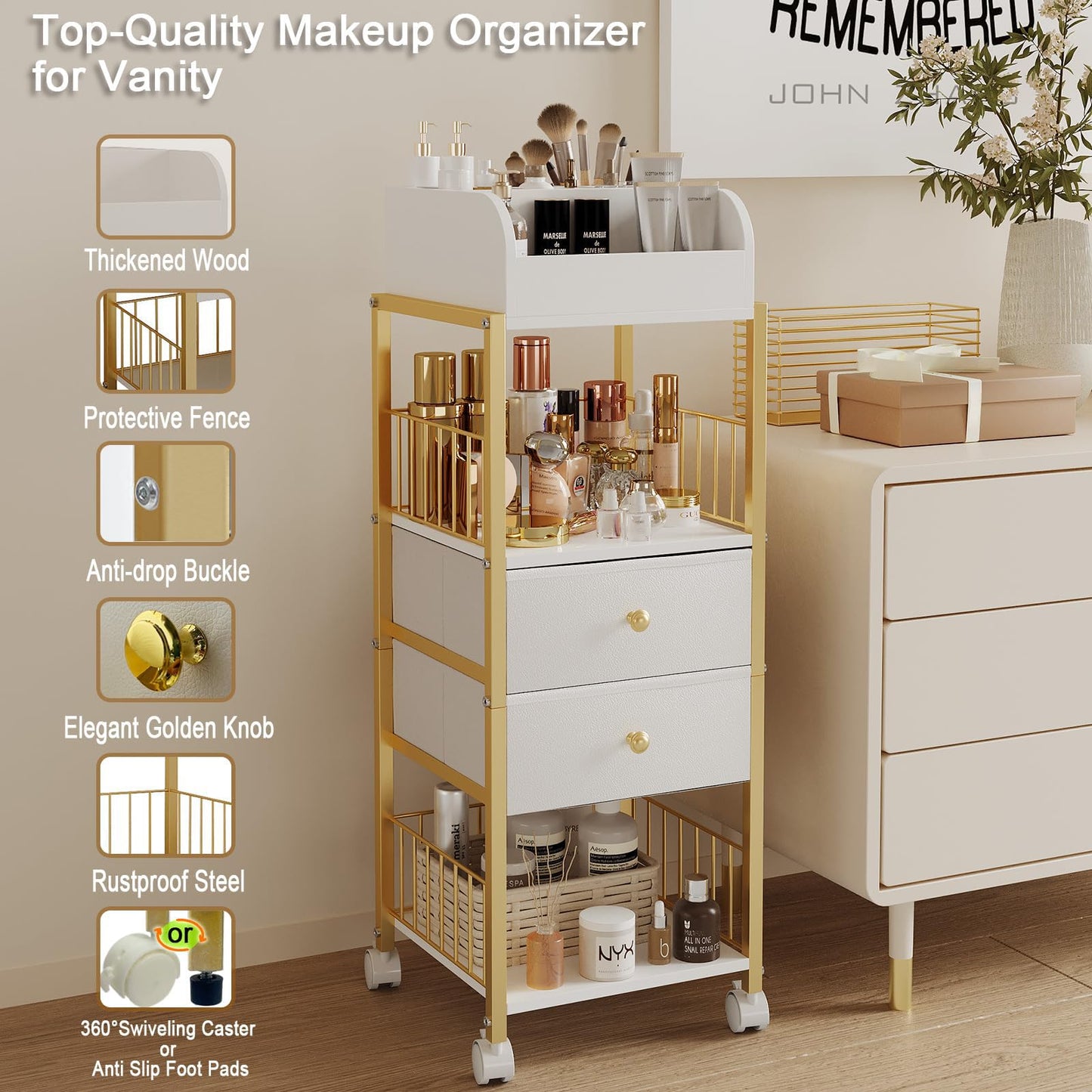 ZQUYAJ Makeup Organizer Storage Cart, Large Skincare organizers, Makeup Stand with Drawers, Makeup Vanity Organizer Cosmetics Display Cases Holder for Skin Care Nail Polish Perfume Makeup Brush (Gold)