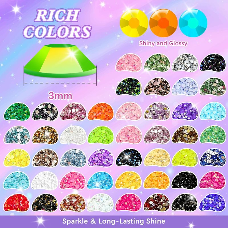 Skiennix 48000Pcs Resin Jelly Rhinestones - 48 Color 3mm Flatback Gems for Crafting & Nail Art