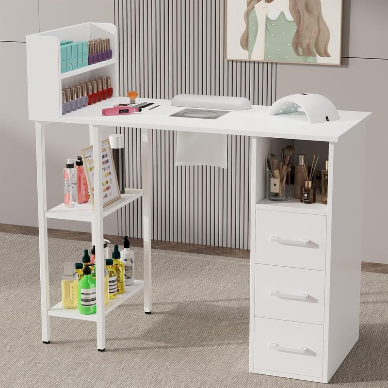 Annzoe Nail Desk for Nail Tech – Manicure Table with Electric Dust Collector, 3 Drawers, 2-Tier Cabinets & 3-Tier Shelves, White Nail Station for Salon or Home Use (White)