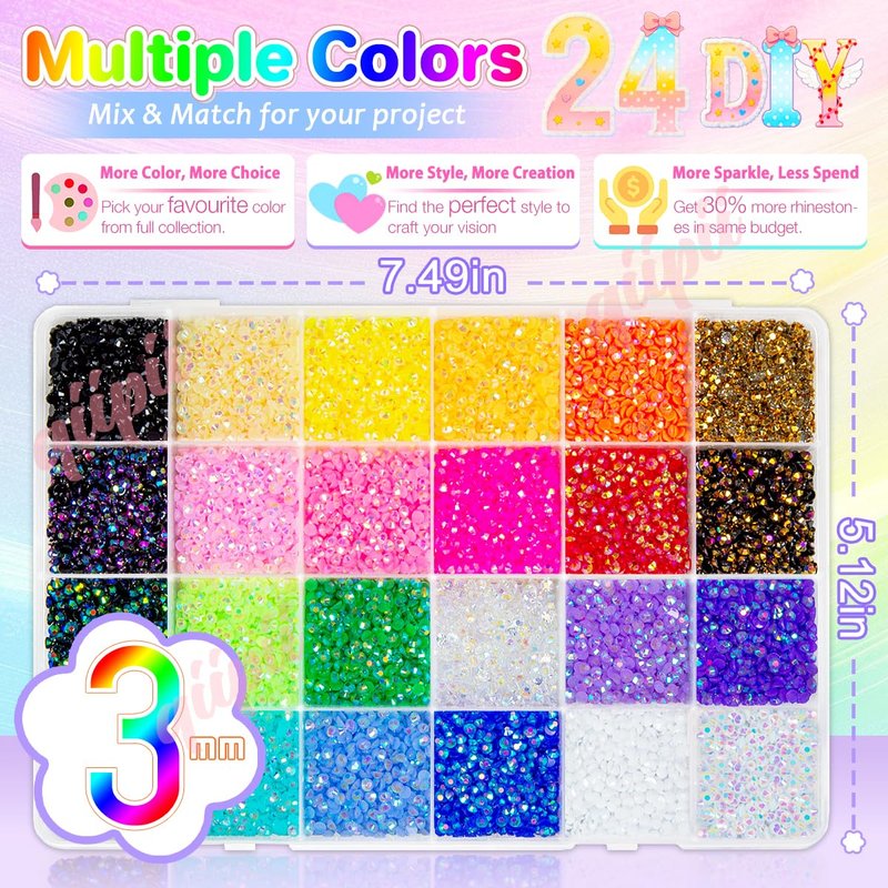 qiipii 24 Color 13800pcs 3mm Jelly Resin Rhinestones for Bedazzling Crafting Flatback Stones Colorful AB Gems Diamonds for Nails Eyes Face Makeup Tumblers Bottles DIY Crafts Clothes Shoes Phones