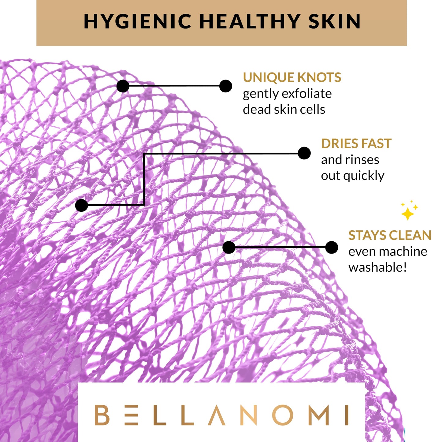BELLANOMI African Exfoliating Net Sponge, Authentic, Ethically sourced from Nigeria, 45 inches Long, Back Scrubber for Daily use (Lilac)