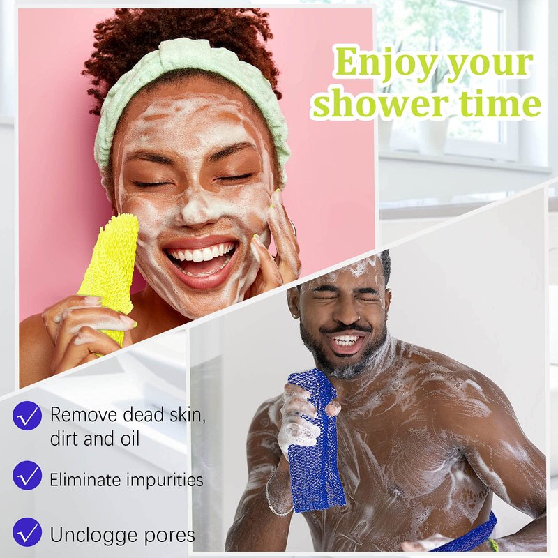 BOAO 4 Pieces African Net Sponge Exfoliating Bath Net Long Body Scrubber for Shower, Stretchy Back Wash Cloth, Deep Skin Cleansing for Men Women