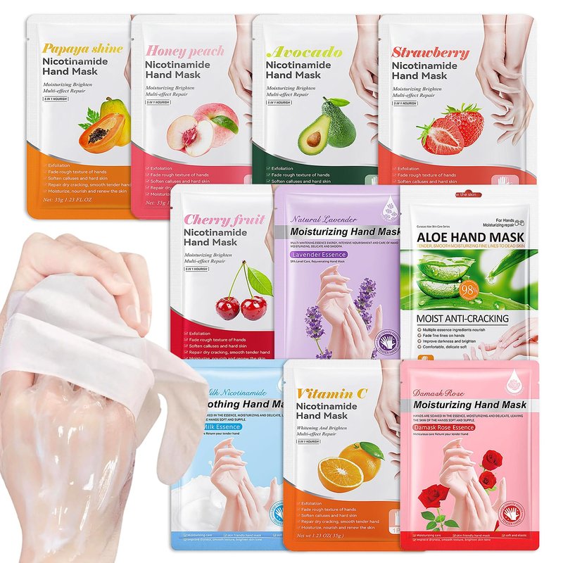 AIUEO 10 PCS Hand Mask Moisturizing Gloves, Hydrating Hand Masks for Dry Cracked Hands, Exfoliating Hand Peeling Mask, Nourishing Collagen Gloves for Hands
