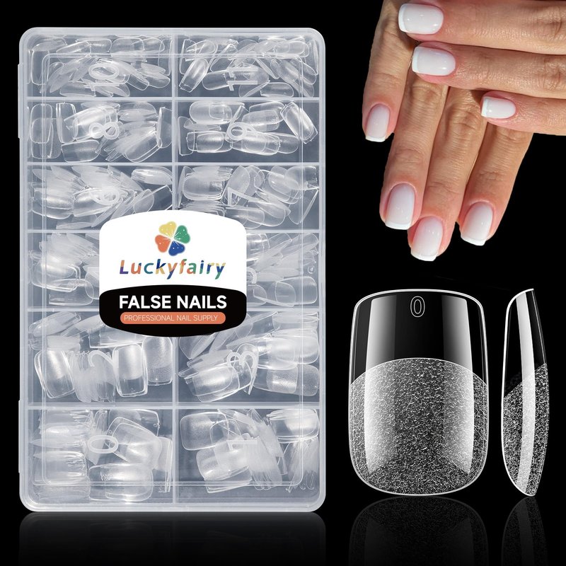 Luckyfairy Square Nail Tips: 240Pcs Short Squoval Soft Gel Tips, Pre-Etched Full Cover Gelly Fake Nails, No Filing Needed, Thin Cuticle & Thick Tip Clear Extension System for DIY Home Salon 12 Sizes