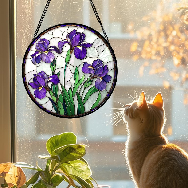 JOSUMALY Stained Glass Window Hanging - Purple Iris Flower Sun Catcher for Door Terrace Garden Home Decor, Green Plants Suncatcher Birthday Gifts for Lovers Women Men Dad Mom Nana 7.8 in