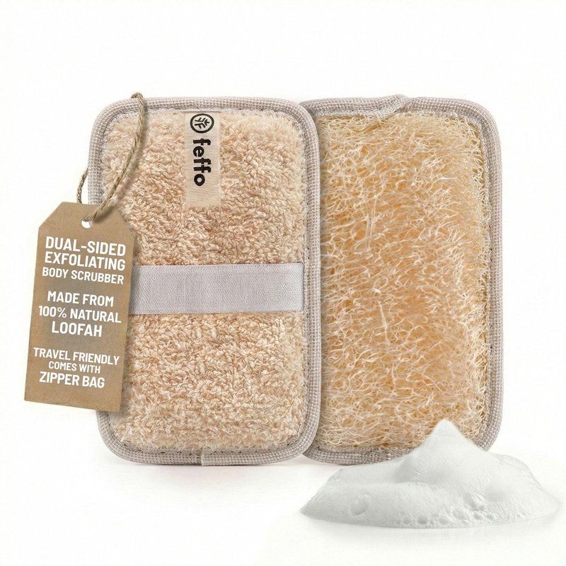 Feffo Natural Loofah Sponge for Body Scrub, Exfoliating Body Scrubber & Loofah with Handle, Exfoliating Pads, Loofah for Women, Men & Kids (2 Count - 1 Pack, Rectangular)