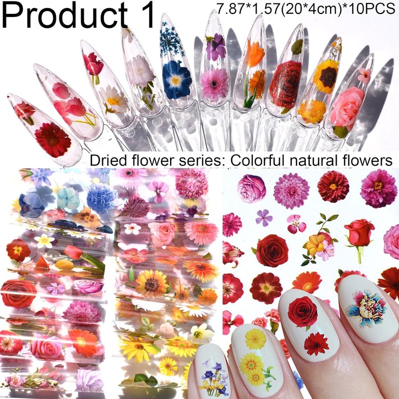 Nail Art Transfer Foils - 60 Mixed Designs with Dried Flowers, Iridescent & Marble | Includes Engraving Pen 7.87 x 1.57 Inches