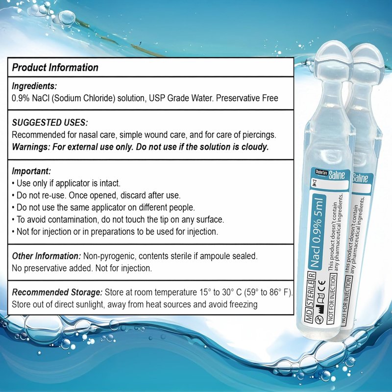 Shusher Care Saline Ampoules - Saline Solution, Sodium Chloride 0.9%, Nasal Cleanse for Babies, Kids, & Adults, Sterile Nasal Care, Wound Cleansing - 20 Count (5ml Each)