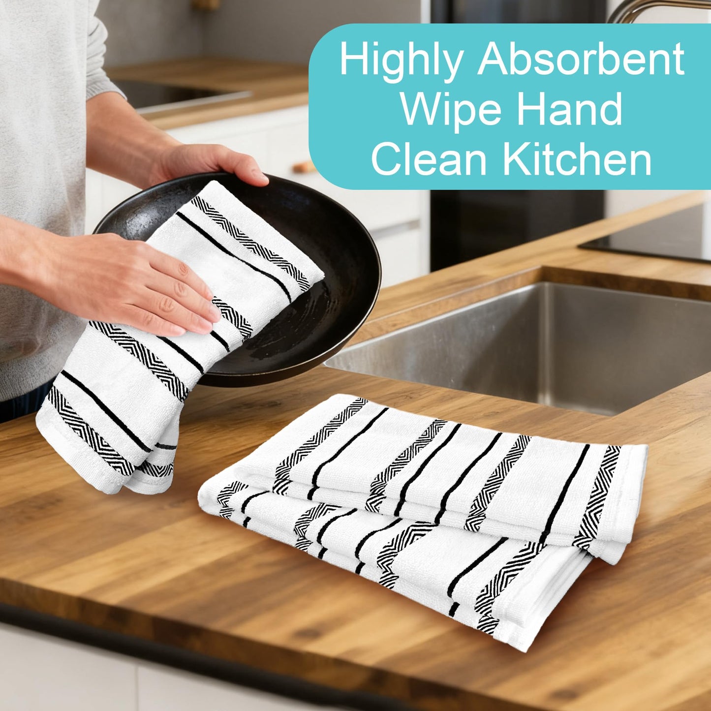 VOOVA & MOVAS Dish Towels for Kitchen Set of 2, 16"x26" - 100% Cotton | Soft | Absorb | Daily Use, Stripe Kitchen Hand Towels with Hanging Loop, White with Black Stripes