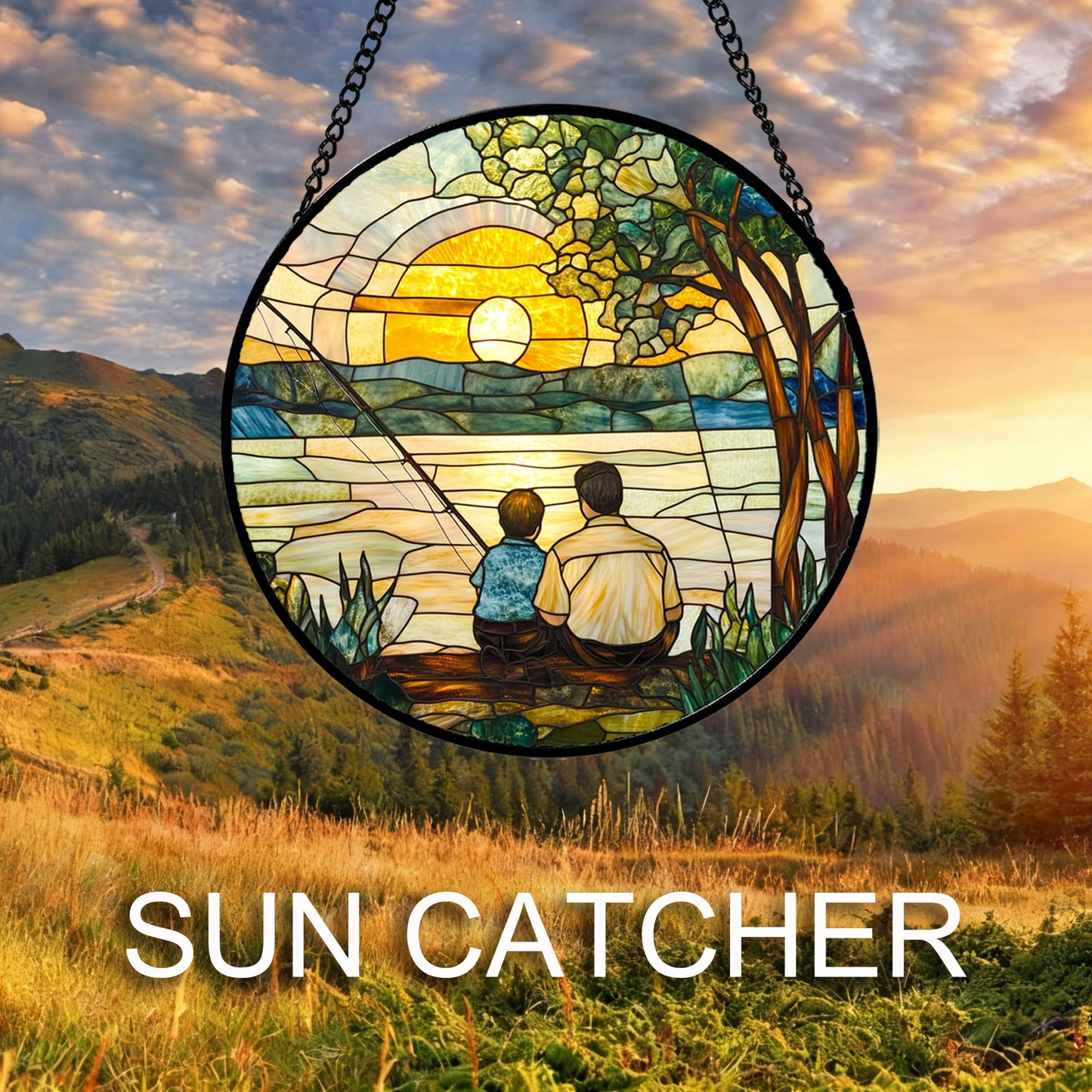 QZQCBLC Stained Glass Window Hanging Sunset View by The Lake 7.8" - Family Fishing Suncatcher Door Garden Sun Catcher Home Decor Birthday Christmas for Mom Men Woman Nana