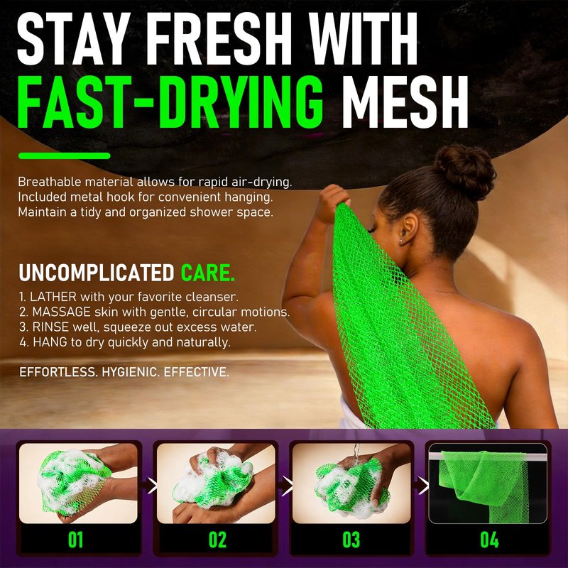 RIUOTA Authentic African Net Sponge, 2 Pack Exfoliating Body Scrubber & Back Scrubber, Gentle Deep Cleansing for Shower, for Men & Women (Black & Green)