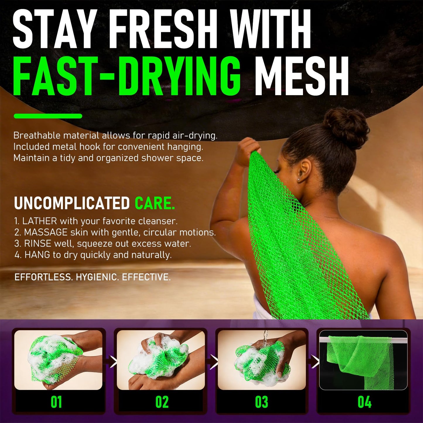 RIUOTA Authentic African Net Sponge, 2 Pack Exfoliating Body Scrubber & Back Scrubber, Gentle Deep Cleansing for Shower, for Men & Women (Black & Green)