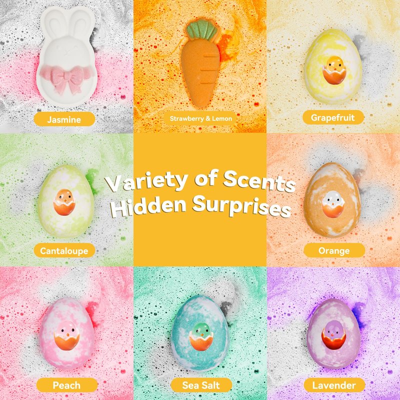 Easter Bath Bombs with Surprise Inside: 9 Pcs Natural Organic Egg Bunny Shaped Basket Stuffers for Kids Girls Boys Bubble Bathbombs Fruit Scented Spa Birthday Gift Set Party Favors Children Prize
