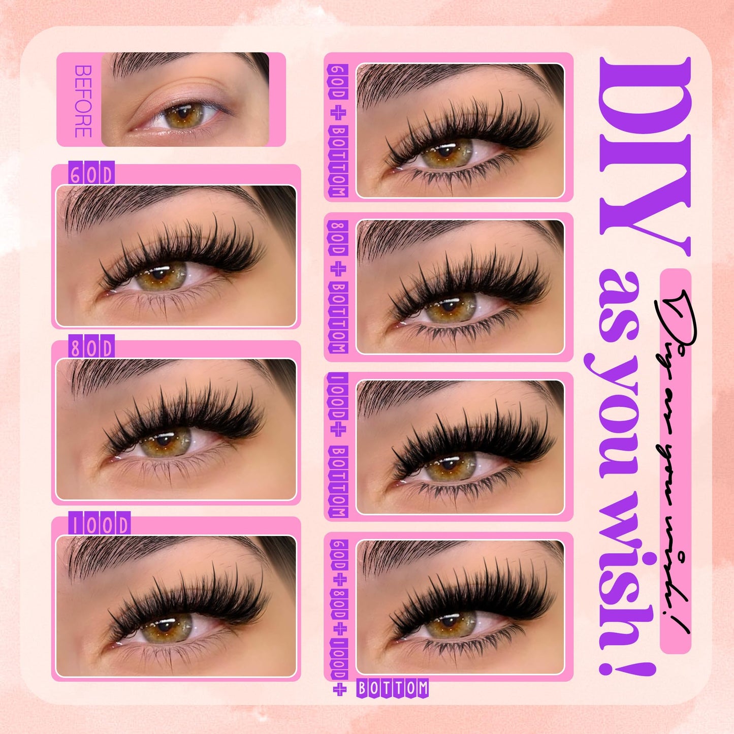 Volume Lash Clusters Spikes Cluster Eyelash Extensions 60D 80D 100D Thick Spiky Individuals Lashes 5-19mm Mega Wispy Eyelash Extension Fluff DIY D Curly Lash Extension with Bottom Lashes 296Pcs