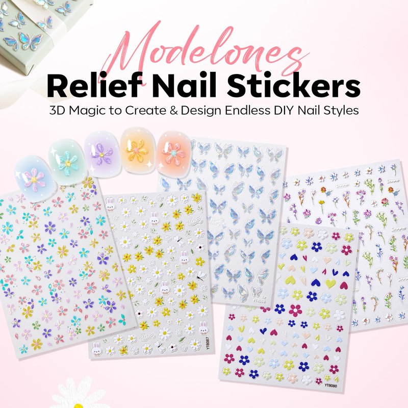 Modelones Flower Nail Stickers - 3D Embossed Colorful Floral Designs for Spring & Easter | 5 Pcs Set