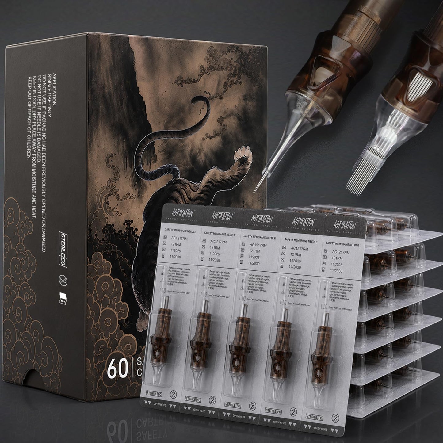 60pcs Aspiration® Tattoo Cartridge Needles, Assorted Sizes with Safety Membrane #12 (3RL, 5RL, 7RL, 9RL, 5RS, 7RS, 18RS, 7RM, 9RM, 11RM, 9M1) Pro Cartridge Tattoo Needle Variety Pack