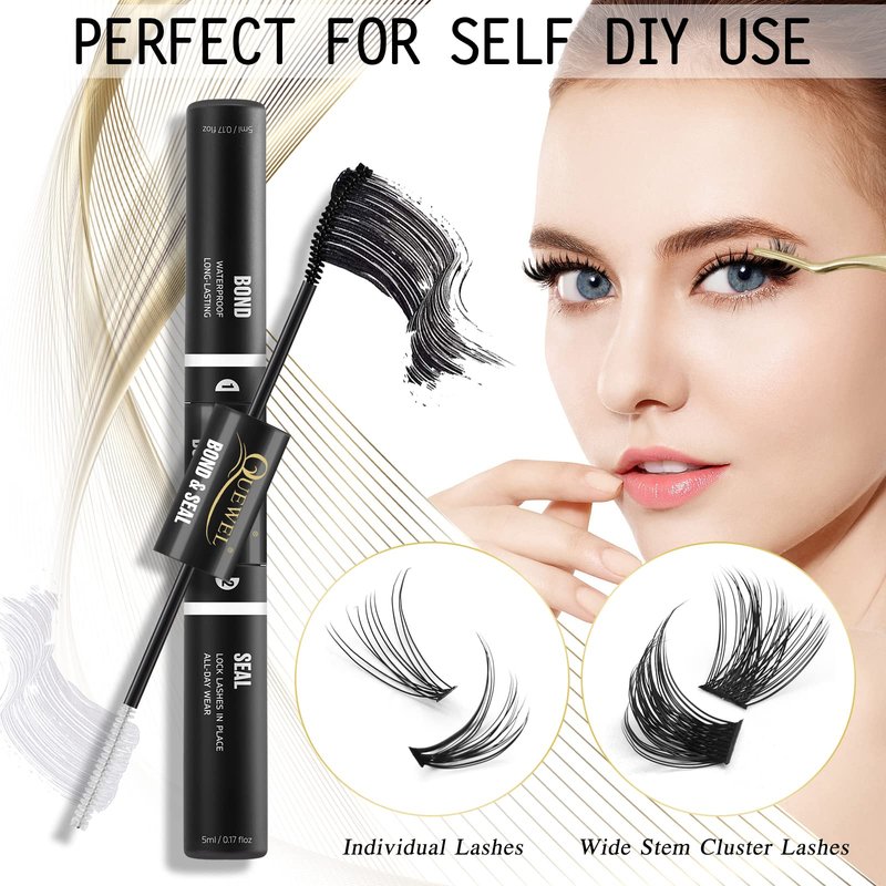 QUEWEL Lash Clusters Bond and Seal, Black Cluster Lashes Glue for DIY Eyelash Extensions, Strong Hold&Waterproof Eyelash Clusters Glue, Gentle Lashes Glue