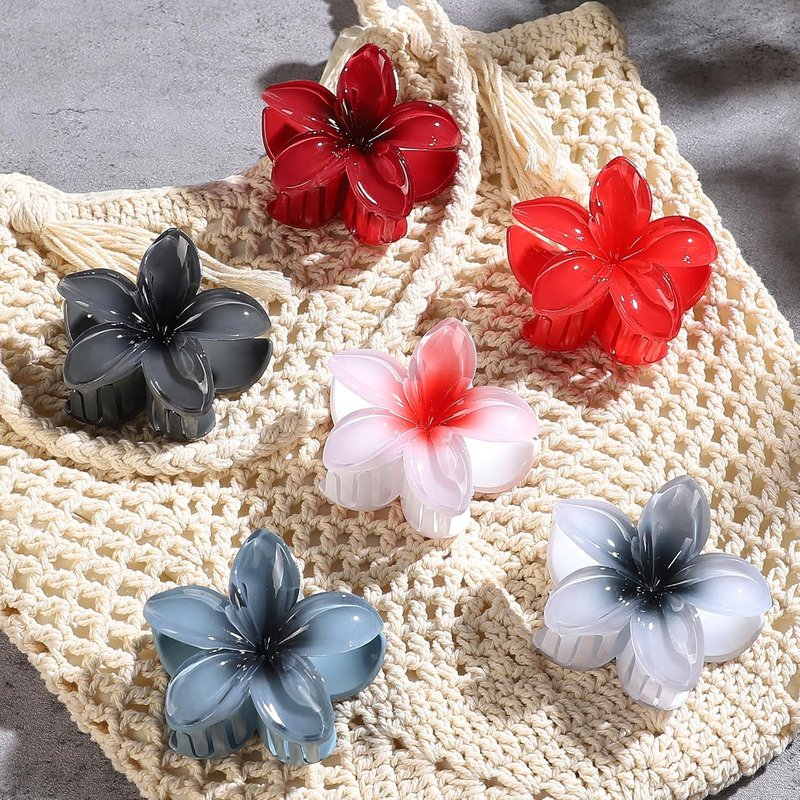 CHANDAT Flower Hair Clips - 6 PCS Hawaiian Claw Clips for Thick & Thin Hair | Dark Color Plumeria Accessories
