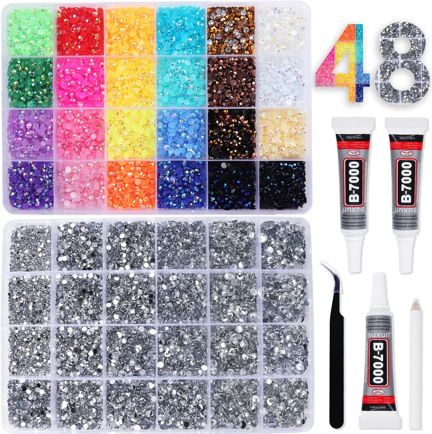 Skiennix Rhinestones Bedazzling Kit - Multicolor 4mm & Silver Clear Flatback Gems with 3Pcs B7000 Glue for DIY Crafts