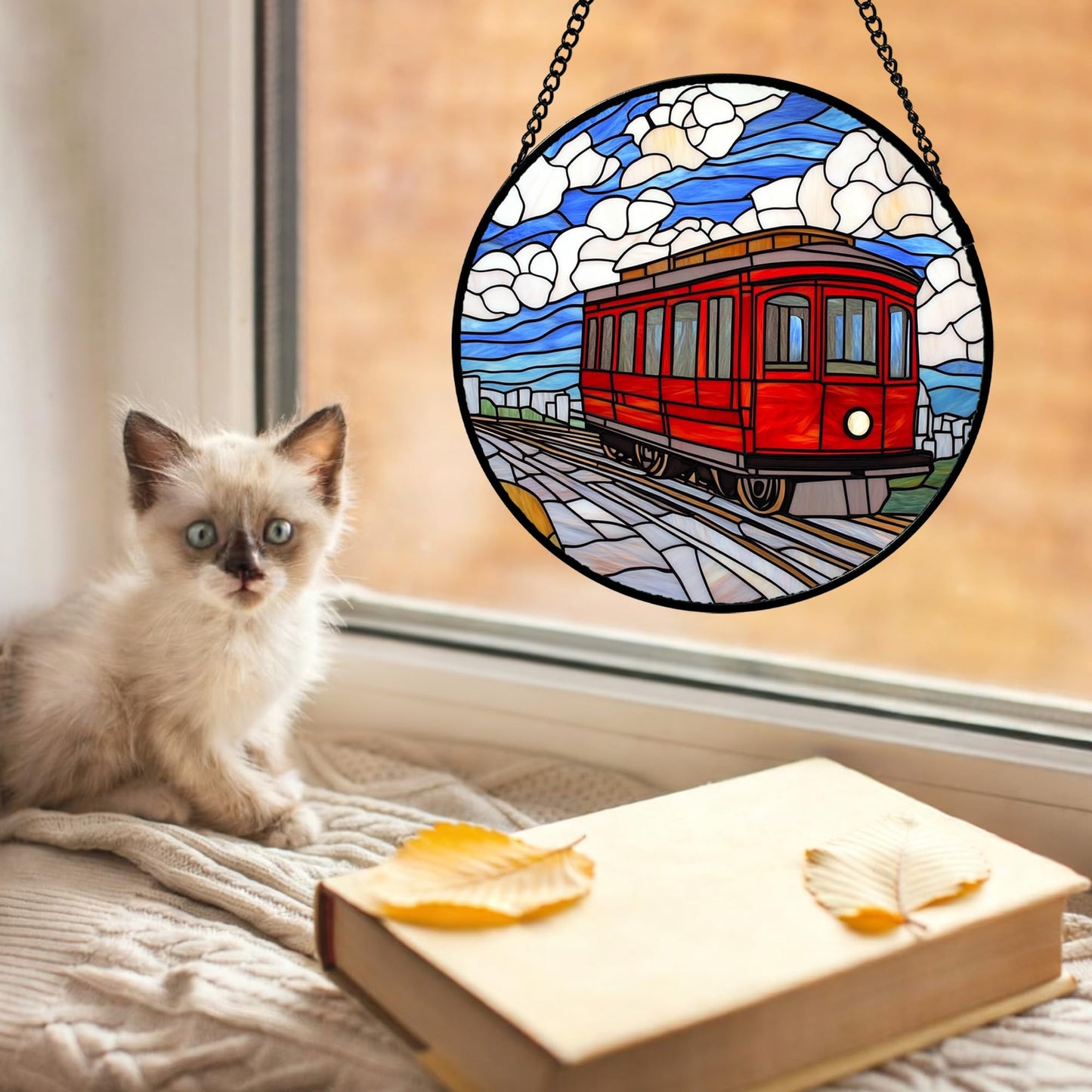 QZQCBLC Stained Glass Window Hanging Red Trams Under Blue Sky White Clouds 6.3" - Suncatcher Door Garden Sun Catcher Home Decor Birthday Christmas for Men Mom Woman Wife Nana