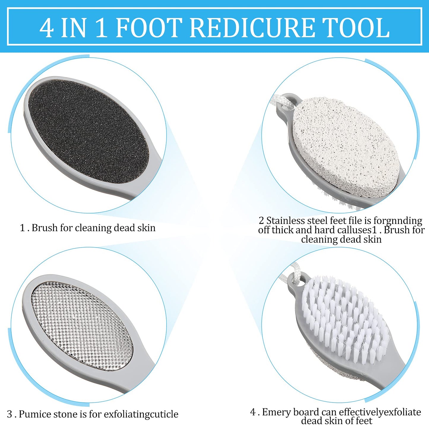 Sieral 4 Pcs Foot Scrubber 4 in 1 Feet Brush for Use in Shower with Pumice Stone, Foot Rasp and Sandpaper, Feet Scrubber Brush for Dead Skin and Shower, Skin Remover