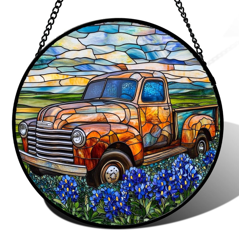 QZQCBLC Stained Glass Window Hanging Retro Truck Blue Flower View 6.3" - Suncatcher Door Garden Kitchen Sun Catcher Home Decor Birthday Christmas for Mom Woman Wife Men Nana