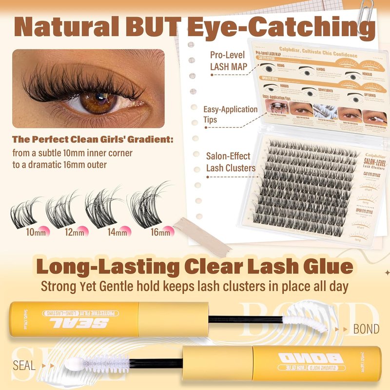 Fluffy Spider Lash Clusters Kit - Natural 10-16MM Eyelash Extensions | DIY Wispy Lash Clusters with Glue & Tweezers