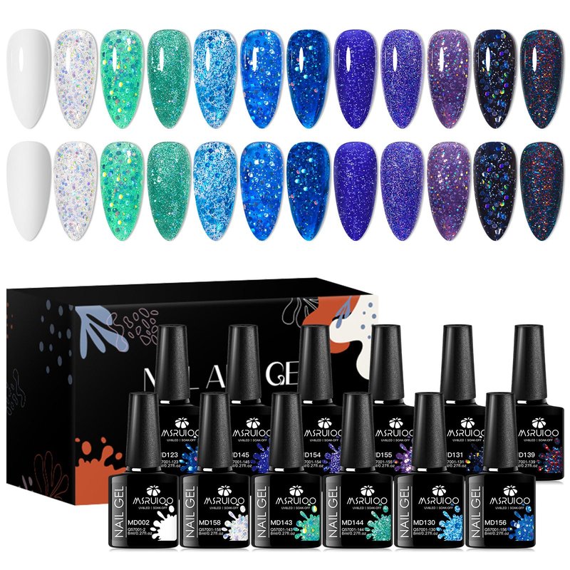 MSRUIOO 12Pcs Glitter Gel Nail Polish Set Purple Blue Glitter Aquarius Holy Water Collection Gel Polish Kit UV Nail Art Design Set DIY Manicure Gifts for Women