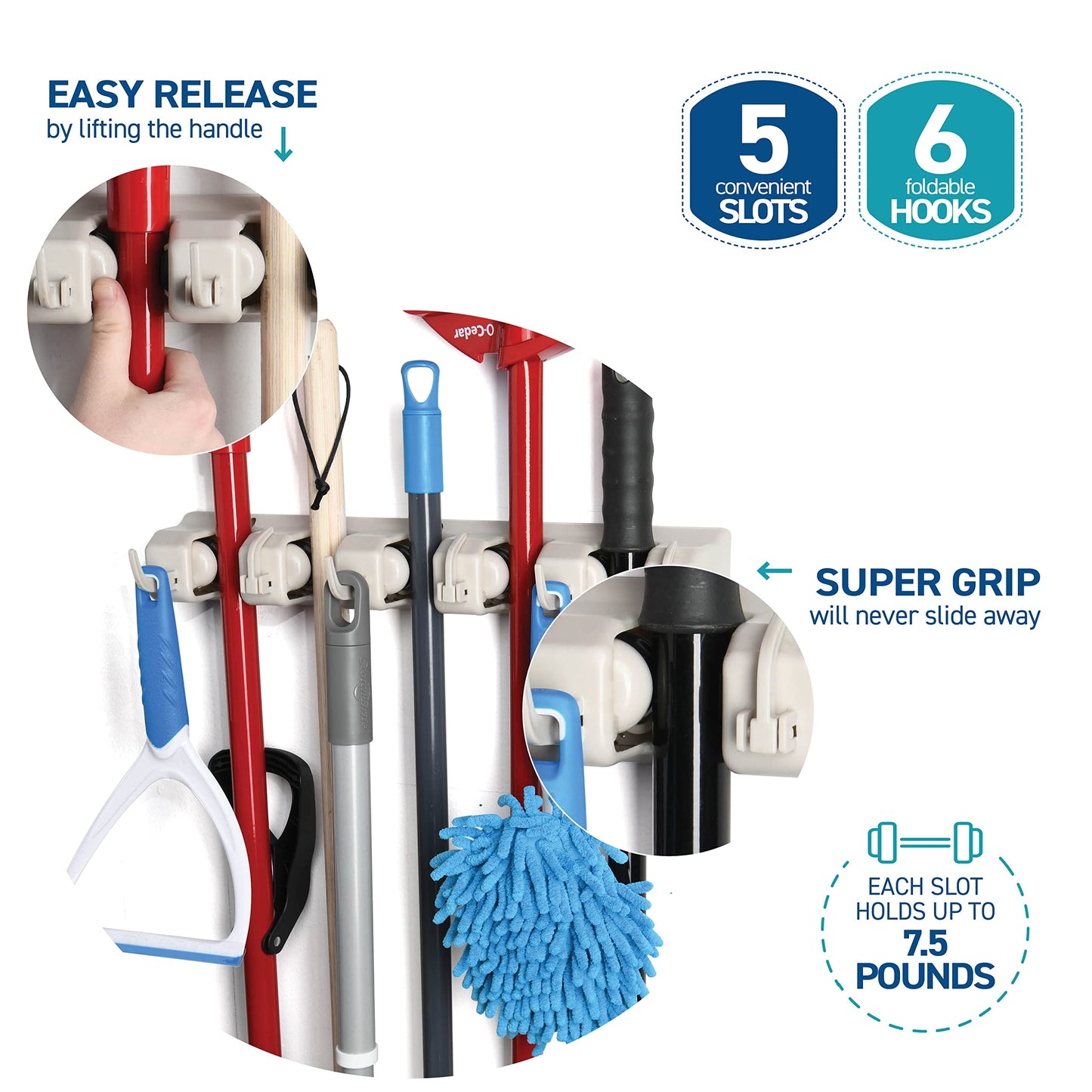 HOME IT Broom and Mop Holder Wall Mount – Heavy Duty Garage Organizer with 5 Slots & 6 Hooks, 7.5lbs Capacity Per Slot - Easy Install Storage Rack for Home, Kitchen, Laundry Room & Garden - Off-White