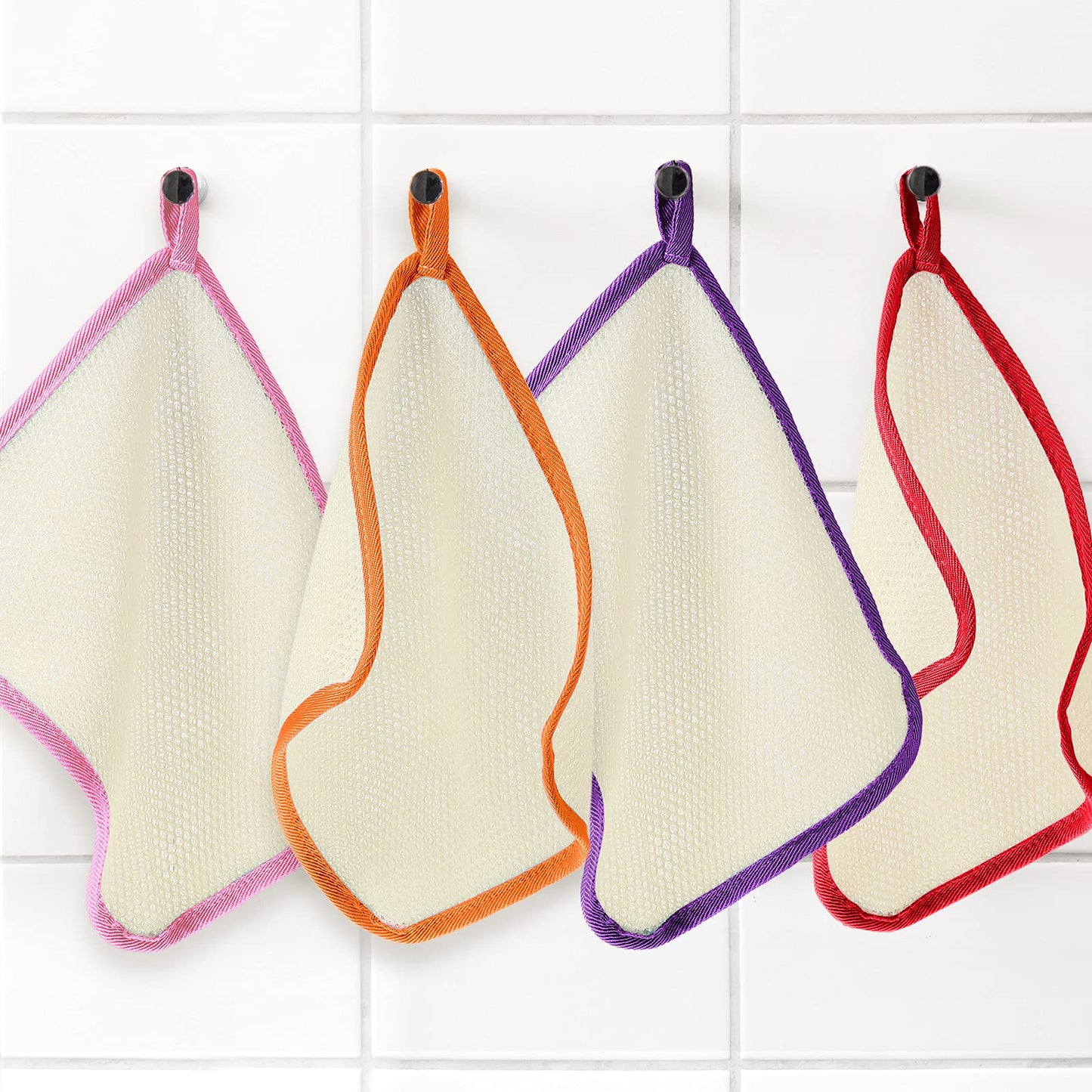 Tatuo 5 Pcs Exfoliating Face and Body Wash Cloths Towel Weave Bath Exfoliating Scrub Massage Bath Cloth for Women and Men, 10.23 x 8.66 Inch(Green, Orange, Pink, Purple, Red Edge)