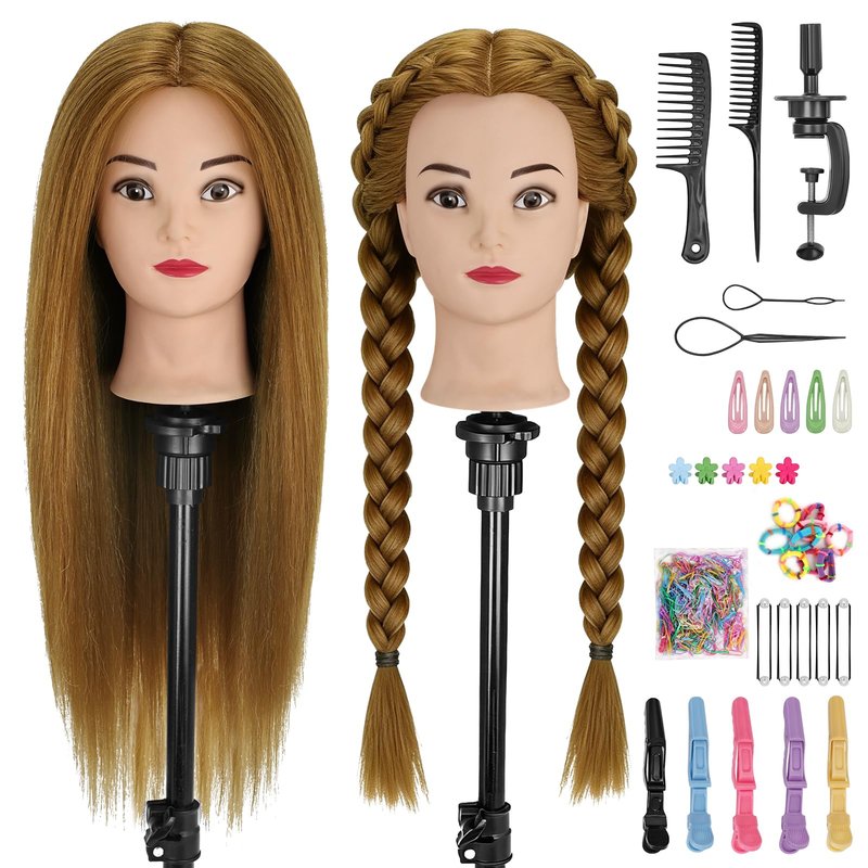 Mannequin Head with 90% Human Hair,26"-28" Hair Doll Head for Cosmetology & Hairdresser,Real Hair Manikin Doll Styling Head,Hairdressing Training braiding Head with Table Clamp+Styling Set