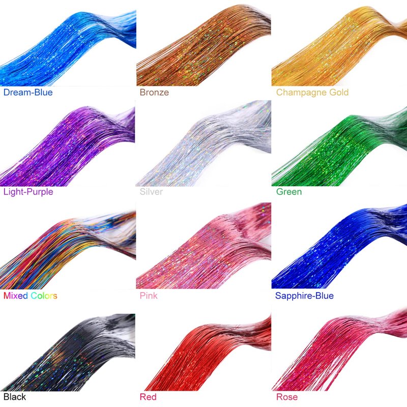 Skiennix Hair Tinsel Kit - 2400 Strands of Glittering Extensions | 12 Colors, 48 Inches for Women & Girls