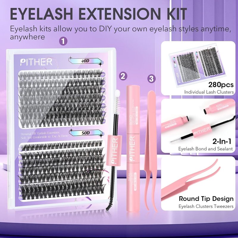 PITHER Lash Extension Kit - 280pcs DIY Eyelash Extensions with Bond, Sealant & Tweezers | 0.07mm 10-16mm Volume Clusters