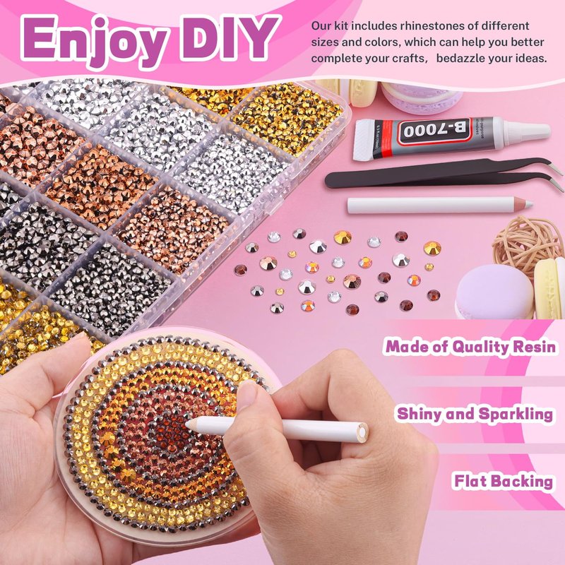 20000Pcs Metallic Rhinestones for Bedazzling Kit with 3Pcs B7000 Jewelry Glue, Resin Rhinestones for Crafting Crafts，Bedazzler Kit Flatback Gems for Clothing Shoes Tumblers Nail Art