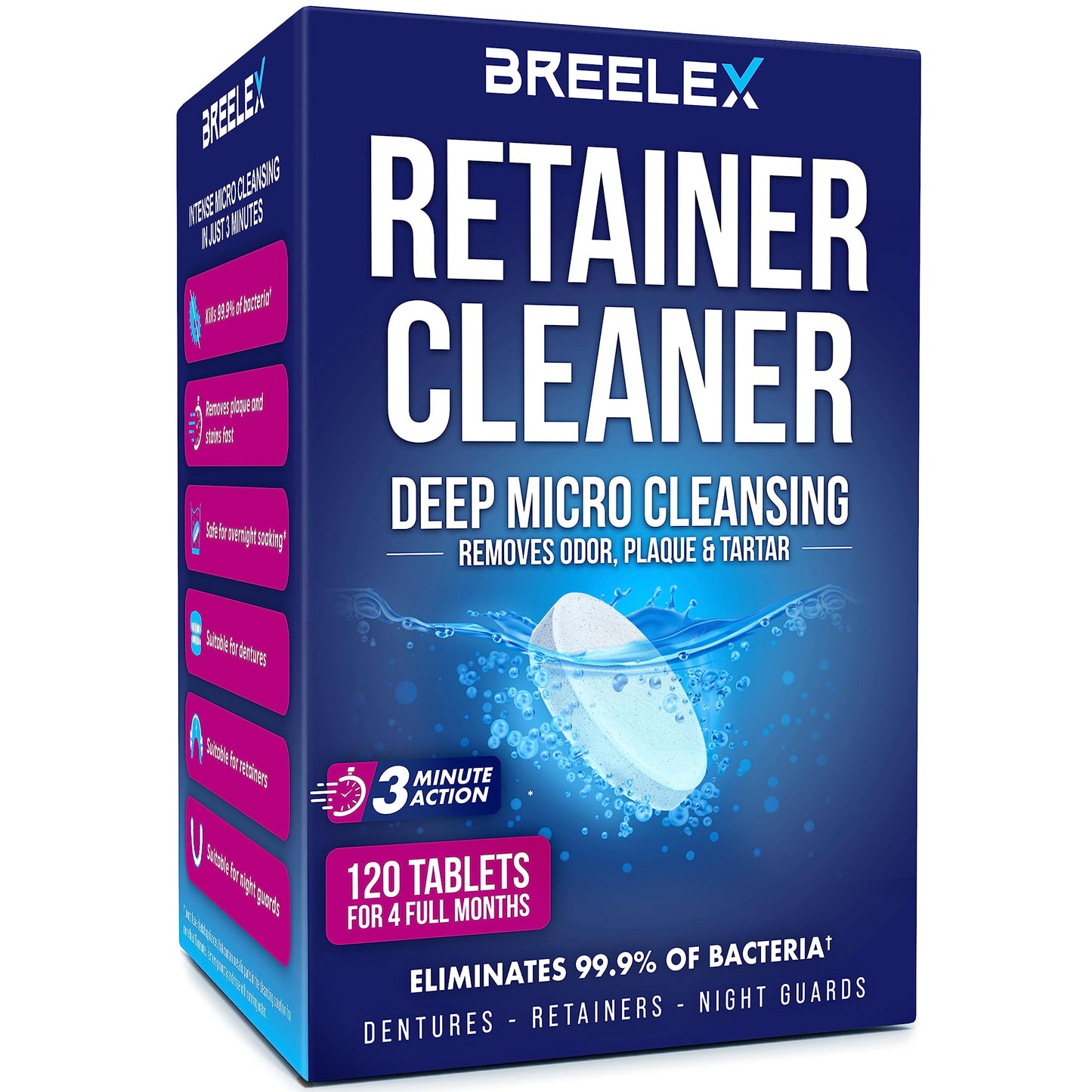 Breelex Retainer Cleaner Tablets for Dentures, Aligners & Night Guards – 120 Denture Cleaning Tablets, 3-Minute Deep Clean, Removes Plaque, Stains & Odor – FSA HSA Eligible