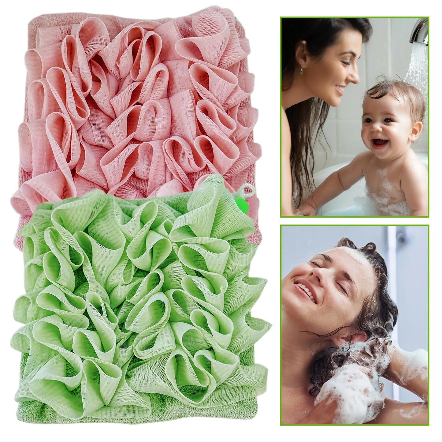 QIYUDA 2pcs Loofah Cloth for Bar Soap, Loofah Washcloth Pink and Green Shower Ball 2-in-1
