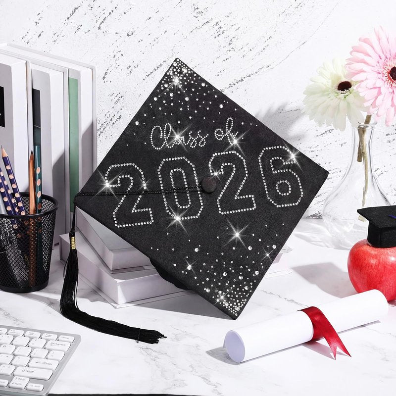 Jamntower Rhinestones Graduation Cap Class of 2026 Crystal Grad Cap for Men Women Girls High School Bachelor Photo Props(Silver)