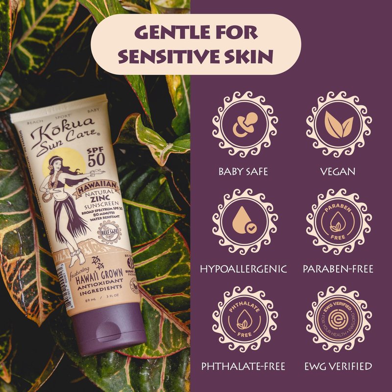 Kokua Sun Care Hawaiian Sunscreen Reef Safe SPF 50 | 3 oz | Zinc Oxide | Mineral Sunscreen | Face & Body | Moisturizing Sun Protection | Water Resistant | Chemical Free | Natural Ingredients