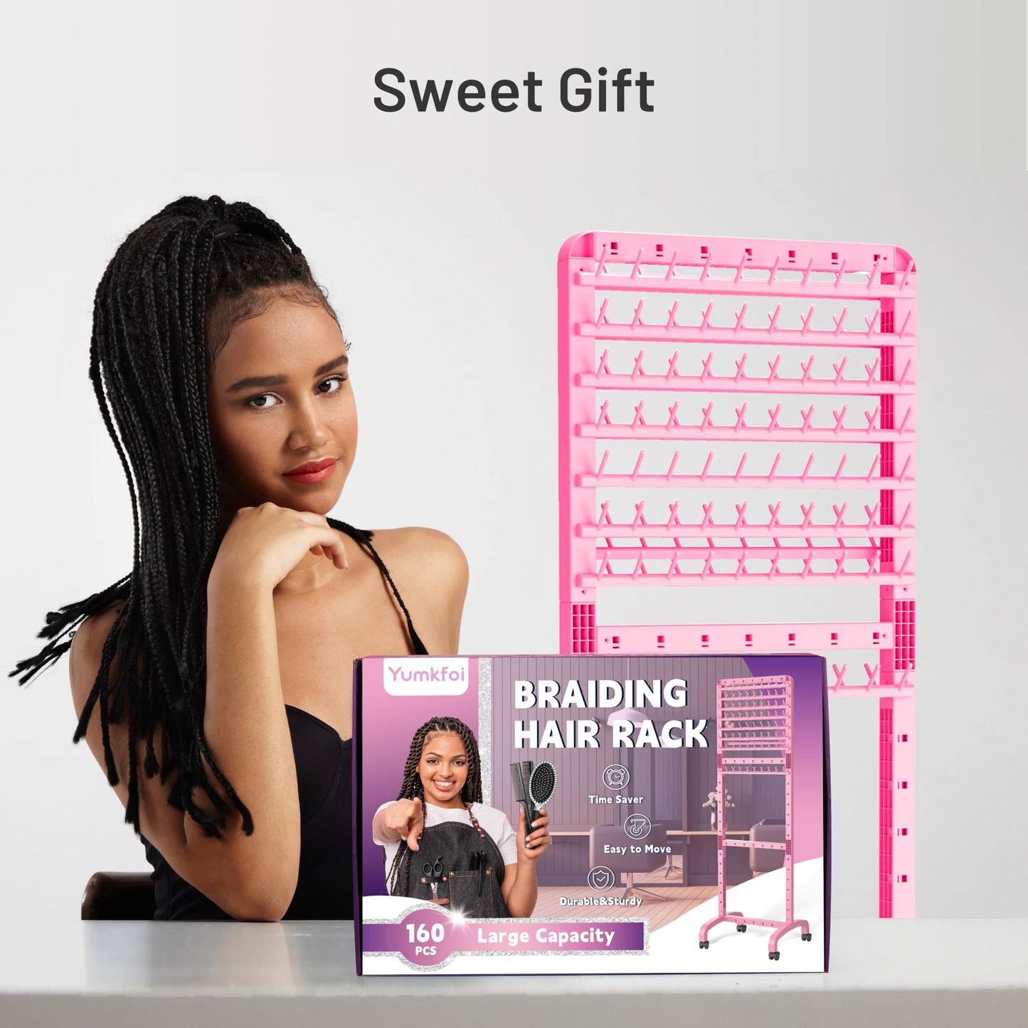 Yumkfoi Adjustable Braiding Rack with 160 Pegs, 2-sided Braid Rack for Braiders, Movable Hair Racks with Wheels, Hair Extension Holder for Braiders and Hairstylists