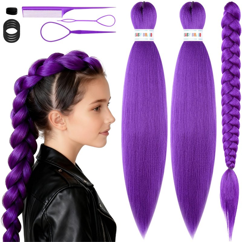 30in Long Purple Hair Extensions for Braids: Pre Stretched Purple Braid Wigs, Jumbo Braiding Hair for Women Themed Dress Up Party Cosplay Birthday Halloween Costume Wig (30in, Count, 2)